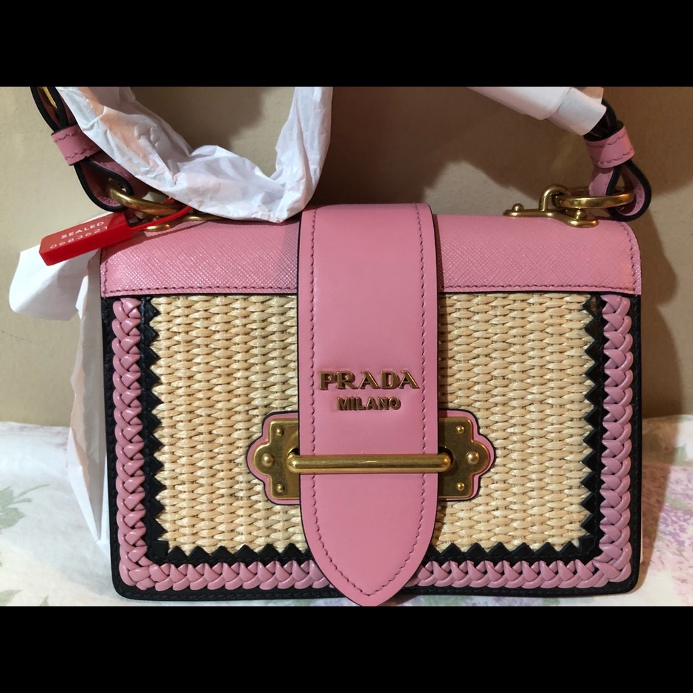 Prada Cahier in pink straw and leather